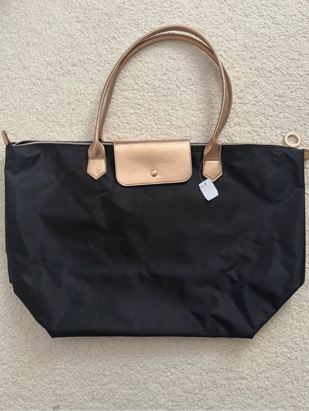 Black Tote Bag with Rose Gold Trim - Lightweight Everyday Shopper